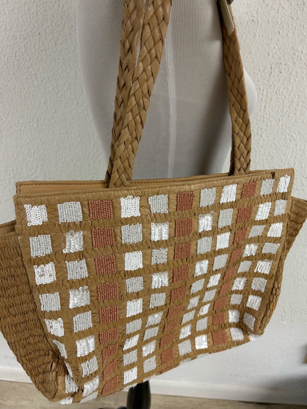 *New* From India‎ to You Checkered Tan and White Handcrafted Beaded Tote Bag